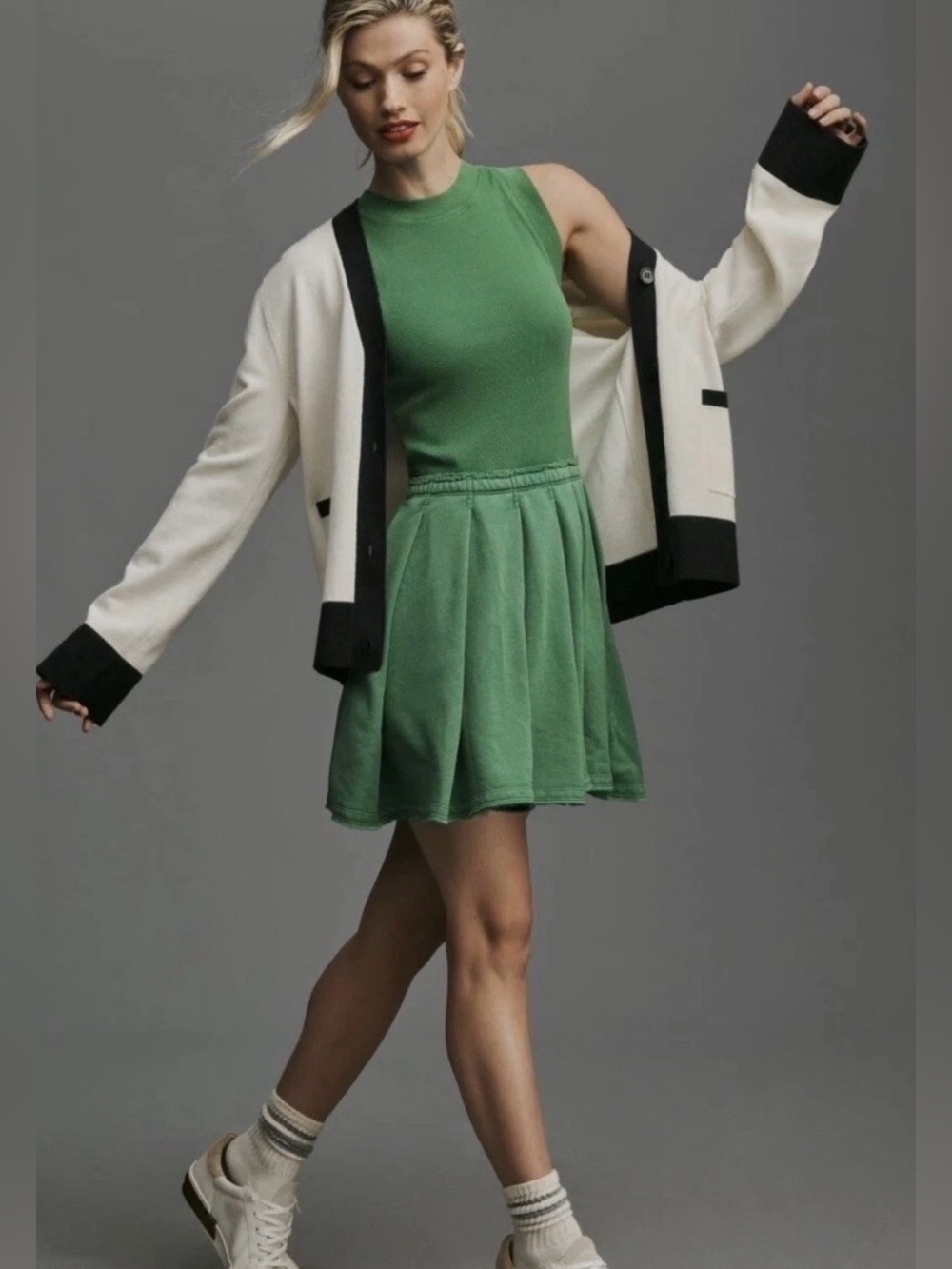 Daily Practice Pleated Mini Dress SZ Small Preppy Sweatshirt Skirt Green Ribbed
